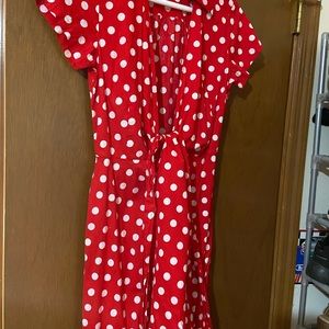Red and white polka dot wrap dress with pockets